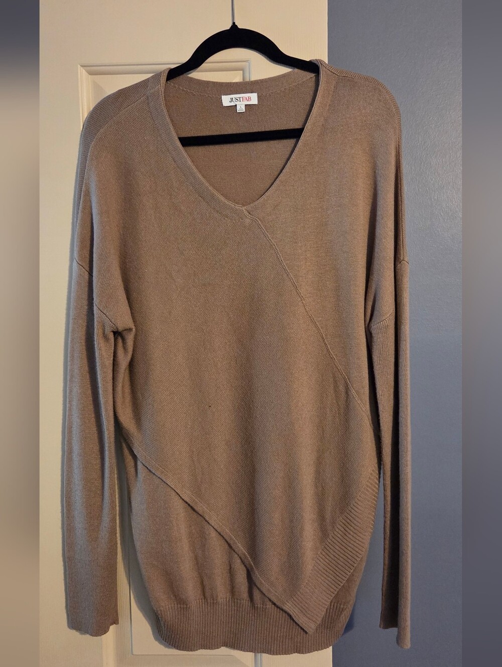 JustFab Taupe Asymmetric V-Neck Women's Sweater